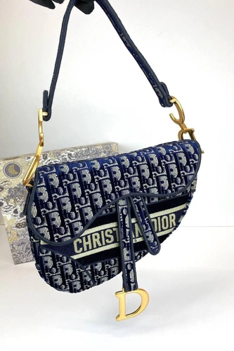 Женская сумка Christian Dior из жаккардовой ткани Dior Oblique синяя 25/20/6
