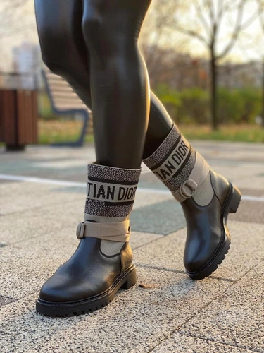 Ботинки женские Dior D-Major высокие черно-бежевые фото-2