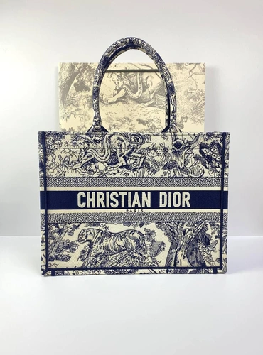 Женская сумка Dior Book Tote среднего формата тканевая с синим рисунком 36,5/28/17,5 см качество премиум-люкс