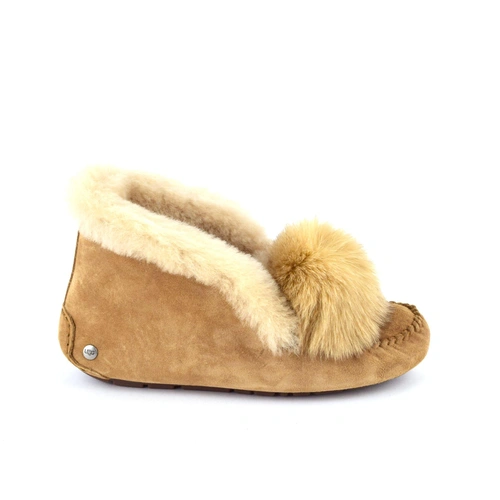 Угги женские мокасины UGG Alena Pom Pom Chestnut