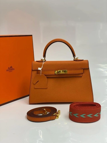 Женская кожаная мини-сумочка Hermes Birkin оранжевая 22/14/7 см