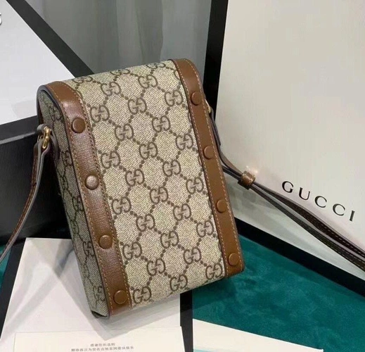 Женская сумка Gucci из канвы с коричневой окантовкой 18/12 см фото-4