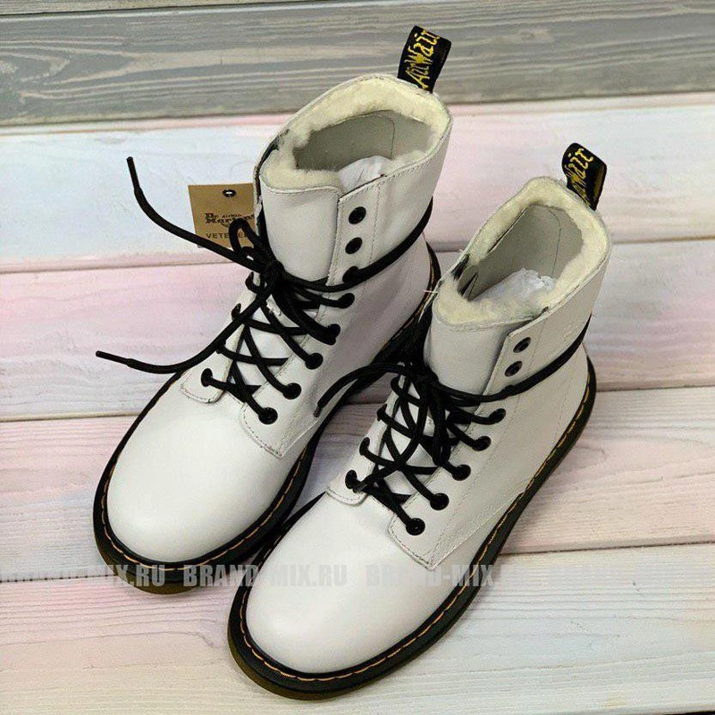 Зимние Мартинсы ботинки Dr Martens 1460 Glany с мехом белые фото-4