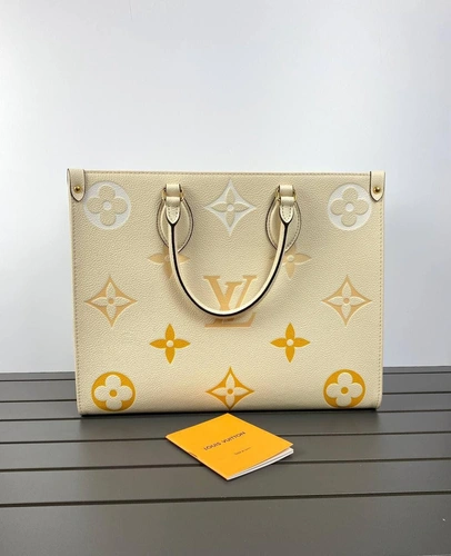 Женская кожаная сумка Louis Vuitton Onthego MM кремовая с рисунком премиум-люкс качества 35/27/14 см фото-3