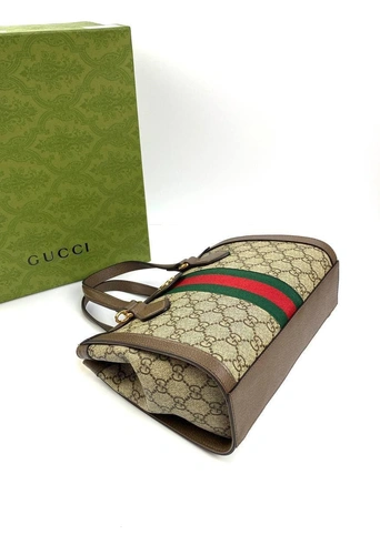 Женская маленькая сумка-тоут Ophidia Gucci коричнево-бежевая с рисунком 24/20/10 см фото-4