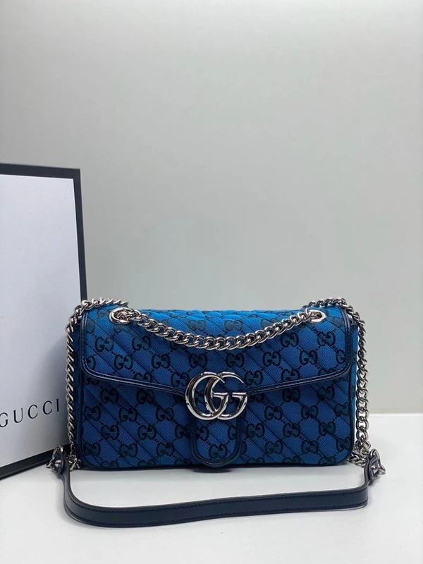 Женская тканевая сумка Gucci синяя с рисунком-монограммой 27/15/8 см