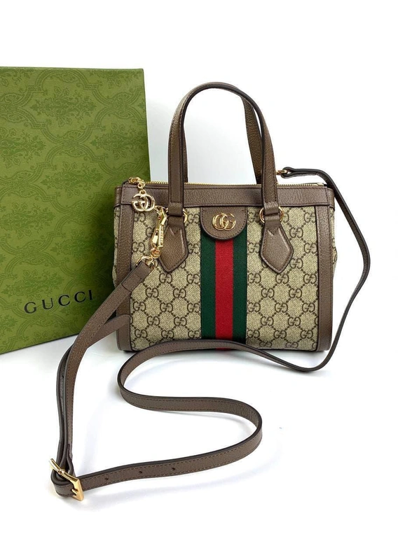 Женская маленькая сумка-тоут Ophidia Gucci коричнево-бежевая с рисунком 24/20/10 см