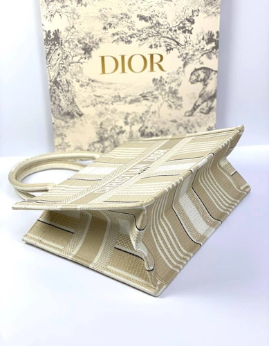 Женская сумка Dior Book Tote среднего формата тканевая с бежевыми полосами 36,5/28/17,5 см качество премиум-люкс фото-4