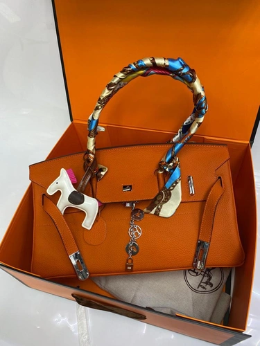 Женская кожаная сумка Hermes оранжевая 40/25/20 см