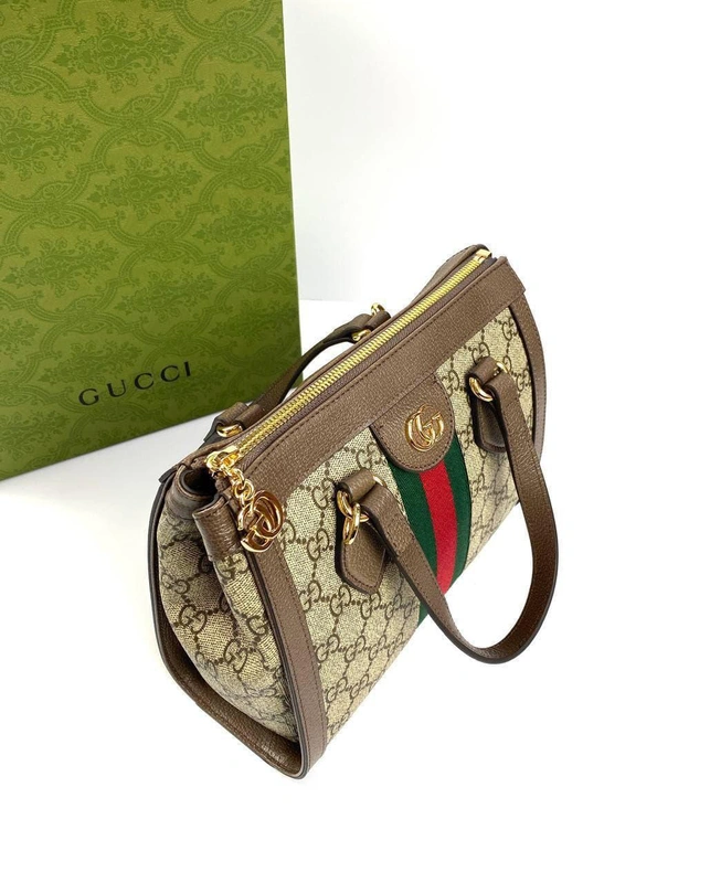 Женская маленькая сумка-тоут Ophidia Gucci коричнево-бежевая с рисунком 24/20/10 см фото-5