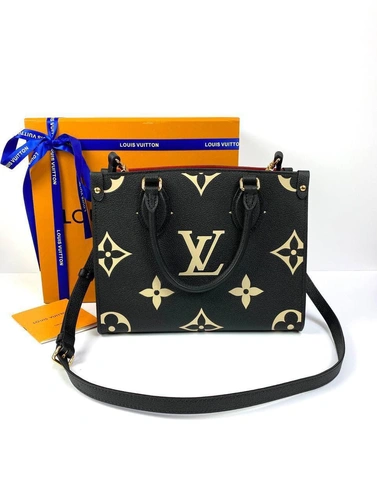 Женская кожаная сумка Louis Vuitton Onthego PM черная с рисунком премиум-люкс качества 25/19/11 см фото-4