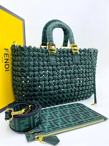 Женская плетеная сумка Fendi зеленая коллекция 2021-2022  35/25/11