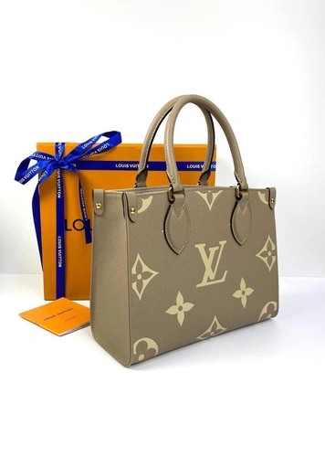 Женская кожаная сумка Louis Vuitton Onthego PM бежевая с рисунком премиум-люкс качества 25/19/11 см