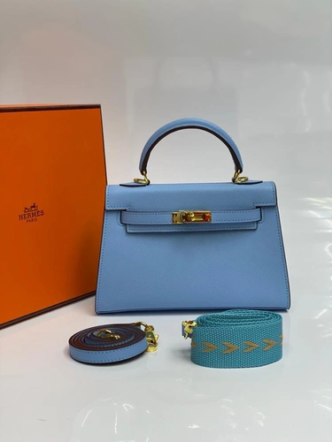 Женская кожаная мини-сумочка Hermes Birkin голубая 22/14/7 см