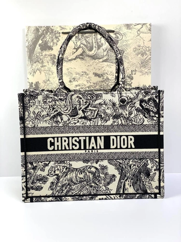 Женская сумка Dior Book Tote среднего формата тканевая с чёрным рисунком 36,5/28/17,5 см качество премиум-люкс