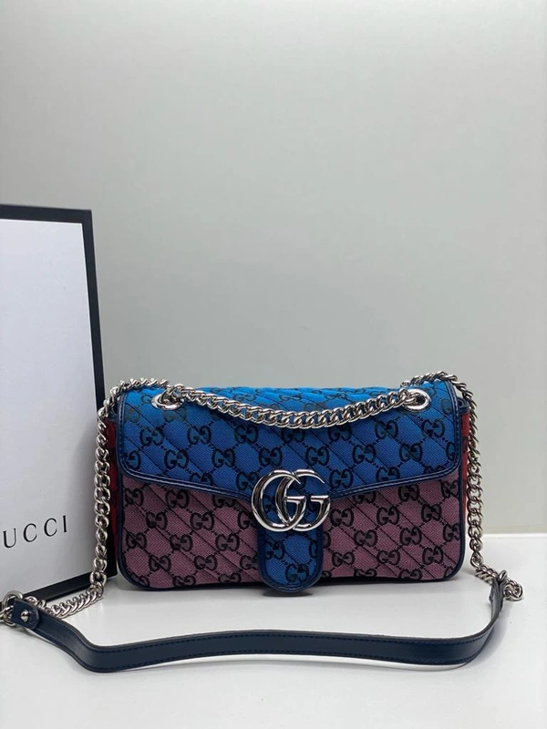 Женская тканевая сумка Gucci сиренево-синяя с рисунком-монограммой 27/15/8 см