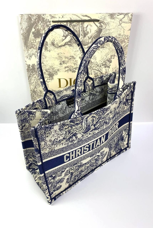 Женская сумка Dior Book Tote большая тканевая с бело-синим рисунком 41,5/35/18 см качество премиум-люкс фото-2