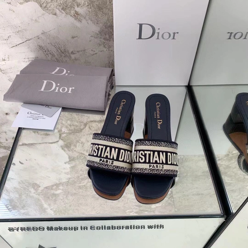 Шлёпанцы женские Christian Dior темно-синие с каблуком премиум-люкс коллекция 2021-2022 фото-3