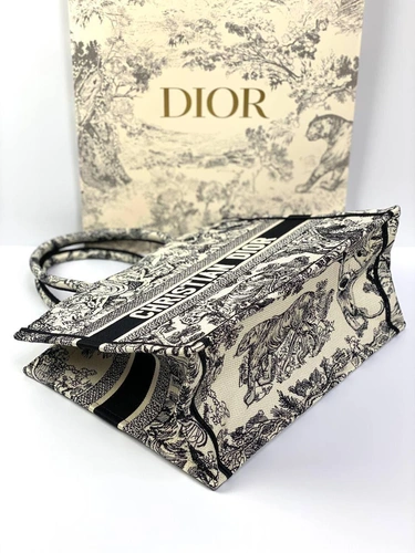 Женская сумка Dior Book Tote среднего формата тканевая с чёрным рисунком 36,5/28/17,5 см качество премиум-люкс фото-4