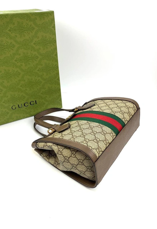 Женская маленькая сумка-тоут Ophidia Gucci коричнево-бежевая с рисунком 24/20/10 см фото-4