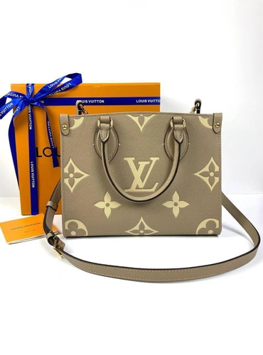 Женская кожаная сумка Louis Vuitton Onthego PM бежевая с рисунком премиум-люкс качества 25/19/11 см фото-4