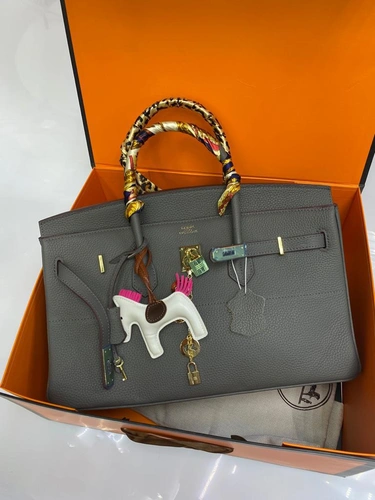 Женская кожаная сумка Hermes серая 40/25/20 см