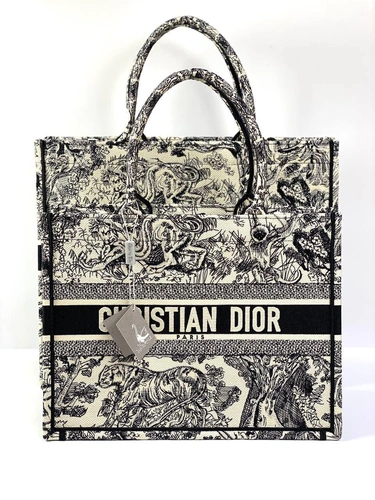 Женская сумка Dior Book Tote большого формата тканевая с чёрным рисунком 41,5/35/18 см качество премиум-люкс фото-6