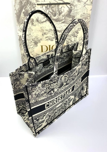 Женская сумка Dior Book Tote большого формата тканевая с чёрным рисунком 41,5/35/18 см качество премиум-люкс фото-2