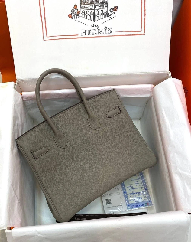 Женская кожаная сумка Hermes Birkin серая премиум-люкс 30 фото-5