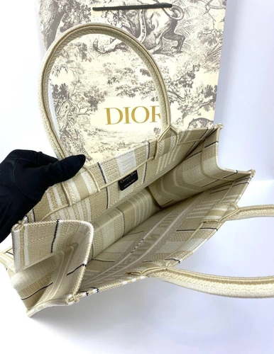 Женская сумка Dior Book Tote большого формата тканевая с бежевыми полосами 41,5/35/18 см качество премиум-люкс фото-2