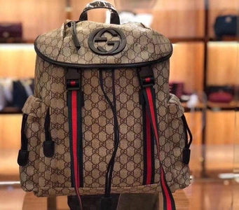 Рюкзак Gucci из канвы бежевый с рисунком-монограммой 43/32 см фото-